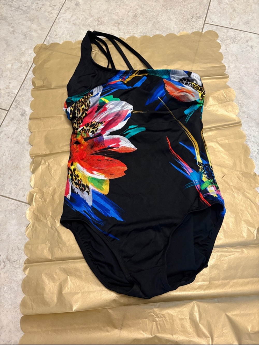 Longitude Black Floral Print Girls' One-Piece Swimsuit NWOT